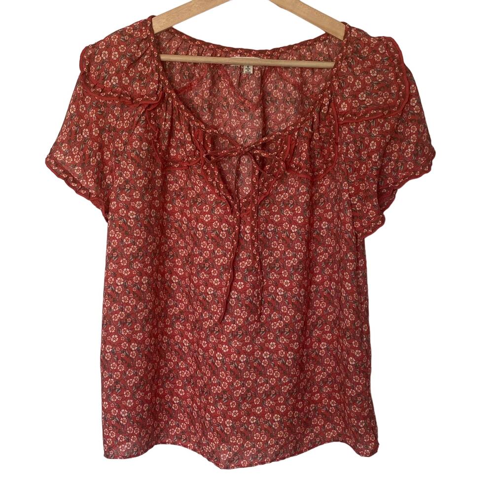 Max Studio Small Orange Floral Blouse Flutter Sleeves Peasant Boho Cottagecore